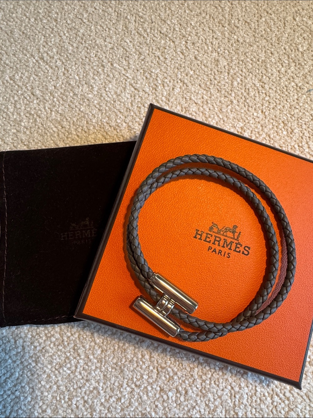 Hermes Tournis Tresse Leather Bracelet in Gray-Brown with Silver Hardware